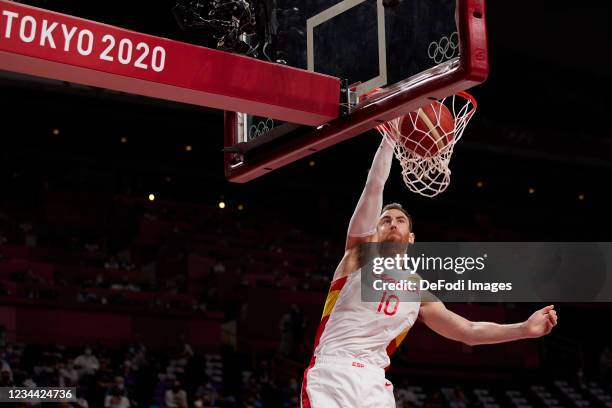 Victor Claver of Spain controls the ball in the Basketball Quarterfinal Match between the United States and Spain on day eleven of the Tokyo 2020...