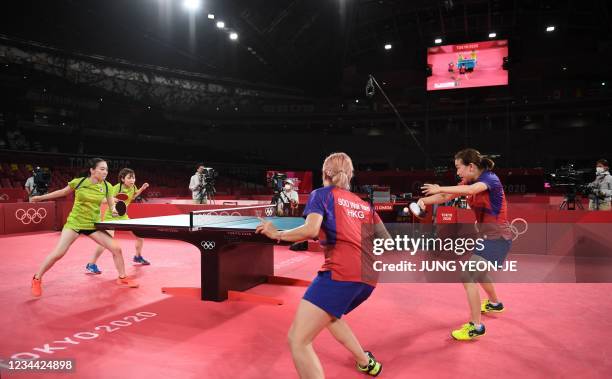 Japan's Kasumi Ishikawa, Japan's Miu Hirano, Hong Kong's Minnie Soo Wai-yam and Hong Kong's Lee Ho-ching compete during their women's team semifinal...