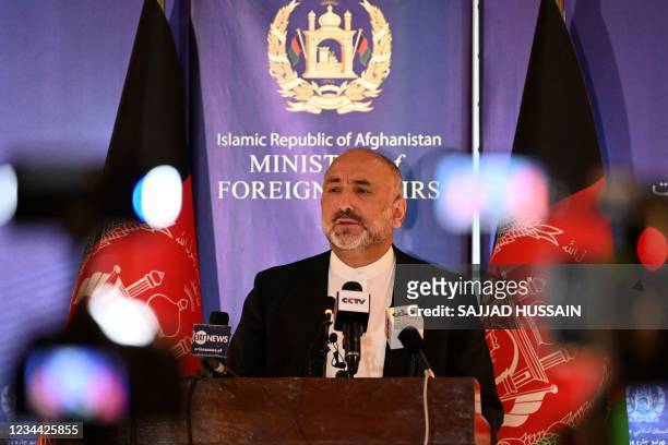 Afghanistan's foreign minister Mohammad Hanif Atmar speaks during a press conference at the ministry of foreign affairs in Kabul, on August 3, 2021.