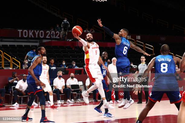 Ricky Rubio of the Spain Men's National Team drives to the basket during the game against the USA Men's National Team during the 2020 Tokyo Olympics...