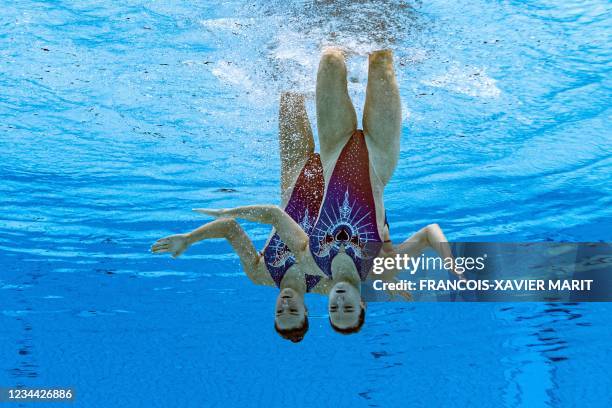 An underwater view shows Britain's Kate Shortman and Britain's Isabelle Thorpe as they compete in the women's duet technical routine artistic...