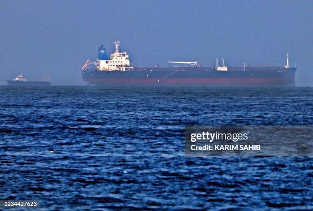 Picture taken on August 3, 2021 shows the Israeli-linked Japanese-owned tanker MT Mercer Street, off the port of the Gulf Emirate of Fujairah in the...