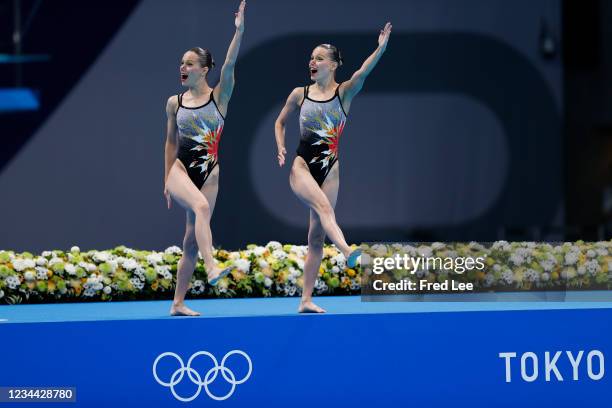 Alexandra Nemich and Yekaterina Nemich of Team Kazakhstan compete in the Artistic Swimming Duet Technical Routine on day eleven of the Tokyo 2020...