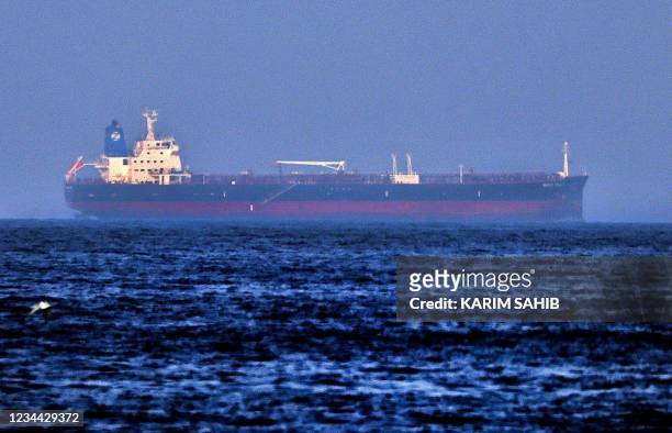 Picture taken on August 3, 2021 shows the Israeli-linked Japanese-owned tanker MT Mercer Street, off the port of the Gulf Emirate of Fujairah in the...