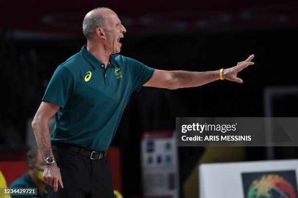 Australia's Brian Warwick Goorjian gestures from the sideline during the men's quarter-final basketball match between Australia and Argentina of the...