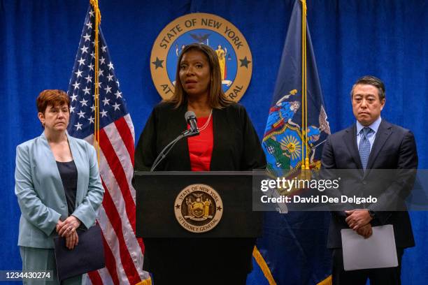 August 03: New York Attorney General Letitia James and independent investigators Anne L. Clark and Joon H. Kim present the findings of an independent...