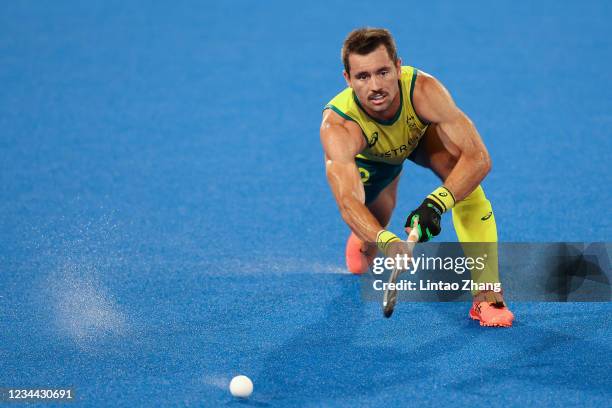 Jeremy Thomas Hayward of Team Australia passes the ball during the Men's Semifinal match between Australia and Germany on day eleven of the Tokyo...