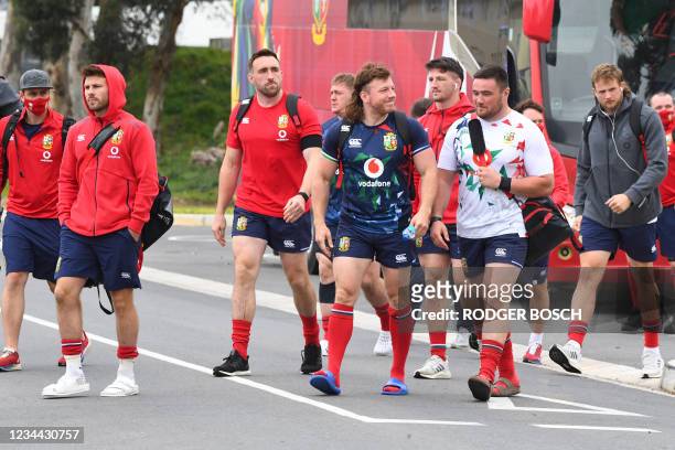 Players of the touring British & Irish Lions rugby side arrive for a team practice session at Hermanus High School on August 03, 2021 in Hermanus,...