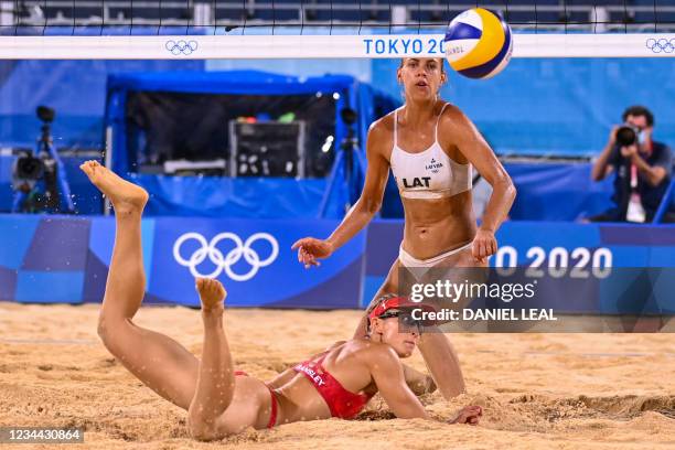 Canada's Heather Bansley and Latvia's Tina Graudina watch the ball in their women's beach volleyball quarter-final match between Latvia and Canada...