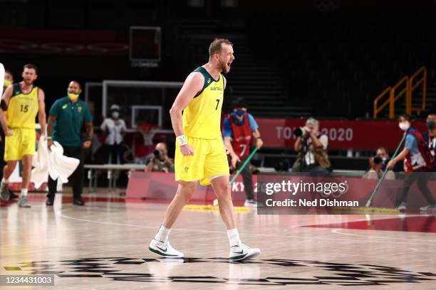 Joe Ingles of the Australia Men's National Team celebrates during the game against the Argentina Men's National Team in the mens quarterfinal round...