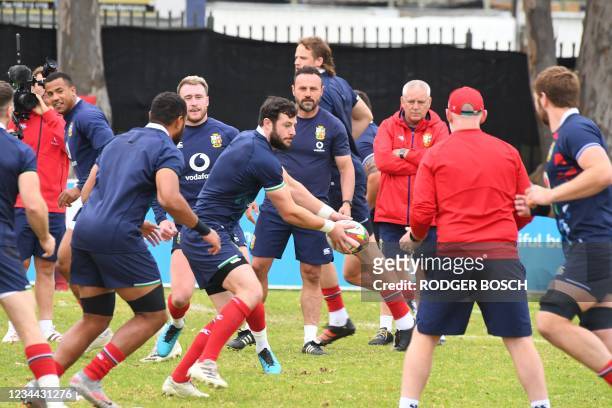 British & Irish Lions rugby players take part in a team practice session at Hermanus High School on August 03, 2021 in Hermanus, about 120km from...