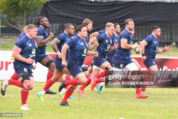 British & Irish Lions rugby players take part in a team practice session at Hermanus High School on August 03, 2021 in Hermanus, about 120km from...