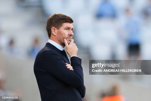 Glasgow Rangers' English head coach Steven Gerrard reacts from the sidelines during the Champions League qualiying match Malmo FF v Rangers in Malmo,...