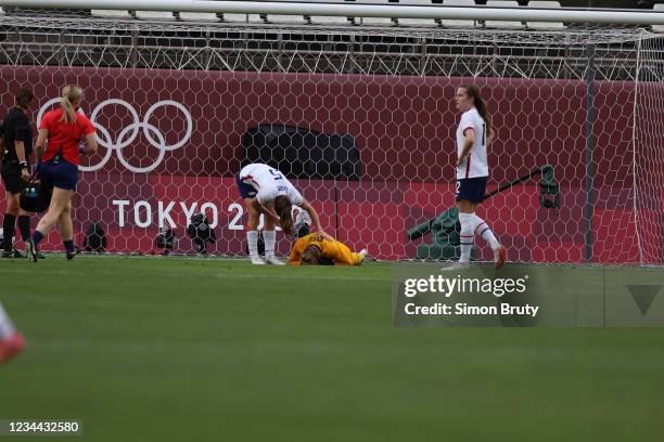 Summer Olympics: USA goalie Alyssa Naeher on ground with injury vs Canada during Women's Semifinal at Ibaraki Kashima Stadium. Kashima, Japan...