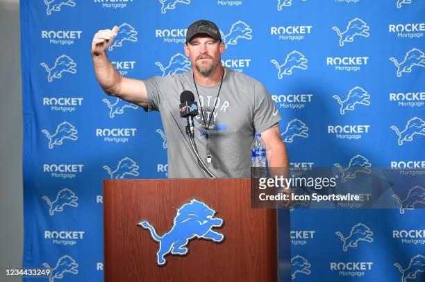 Detroit Lions head coach Dan Campbell answers questions in the morning press conference during the Detroit Lions preseason OTA practice on Tuesday...