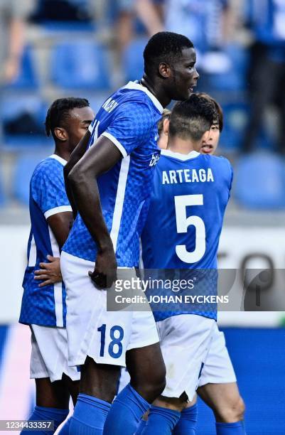 Genk's Paul Onuachu celebrates with teammates after he scored the 0-1 goal against Ukraine's club Shakhtar Donetsk, during the UEFA Champions League...