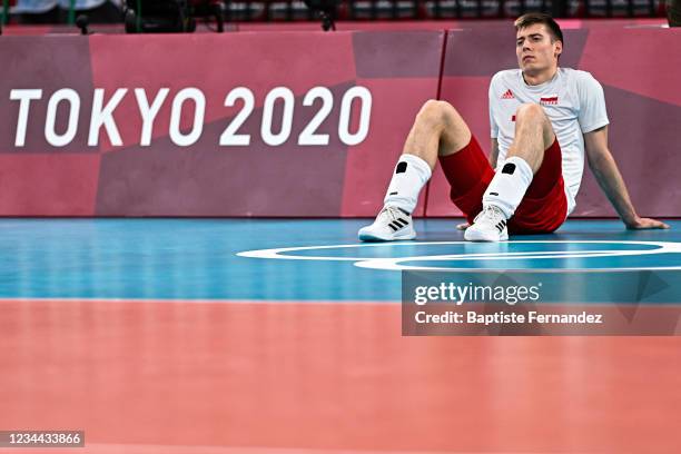 Kamil SEMENIUK of Poland appears dejected after the Tokyo 2020 Olympic Games Men's Quarter-Final Volleyball match between France and Poland at Ariake...