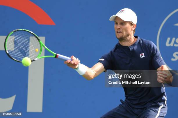 Andreas Seppi of Italy returns a shot during a match against Felix Auger Aliassime of Canada on Day 4 during the Citi Open at Rock Creek Tennis...