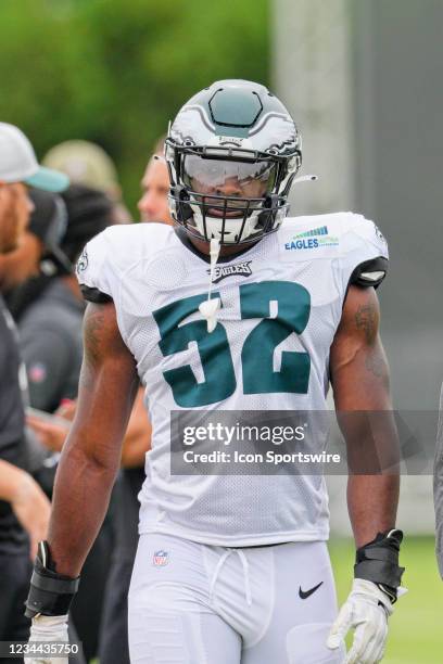 Philadelphia Eagles linebacker Davion Taylor looks on during the Philadelphia Eagles training camp on August 03, 2021 at NovaCare Training Complex in...