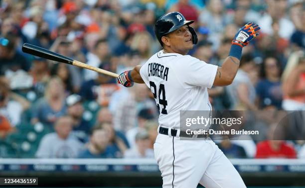 Miguel Cabrera of the Detroit Tigers hits the 498th home run of his career during the second inning of a game against the Boston Red Sox at Comerica...