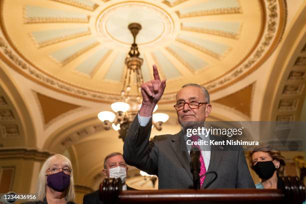 Senate Majority Leader Chuck Schumer speaks during a news conference in the Ohio Clock Corridor on Capitol Hill on Tuesday, Aug. 3, 2021 in...