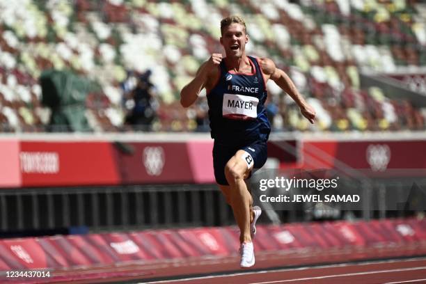 France's Kevin Mayer competes in the men's decathlon 100m during the Tokyo 2020 Olympic Games at the Olympic Stadium in Tokyo on August 4, 2021.