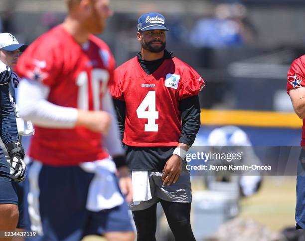 Quarterback Dak Prescott of the Dallas Cowboys looks on during training camp at River Ridge Complex on August 3, 2021 in Oxnard, California.