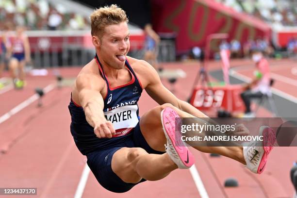 France's Kevin Mayer competes in the men's decathlon long jump during the Tokyo 2020 Olympic Games at the Olympic Stadium in Tokyo on August 4, 2021.