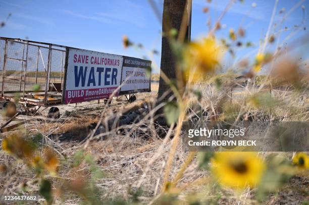 Sign promotes the building of more dams to help provide more irrigation water for the Central Valley's drought-stricken farmers, near Corcoran,...