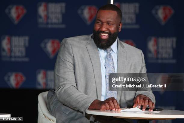 Analyst, Kendrick Perkins reports during the 2021 NBA Draft on July 29, 2021 at the Barclays Center, New York. NOTE TO USER: User expressly...