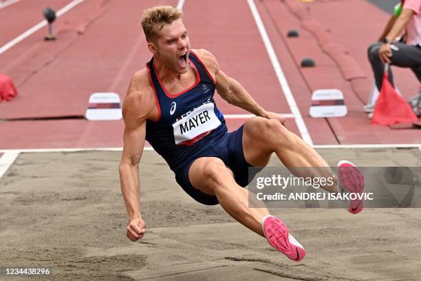 France's Kevin Mayer reacts as he competes in the men's decathlon long jump during the Tokyo 2020 Olympic Games at the Olympic Stadium in Tokyo on...