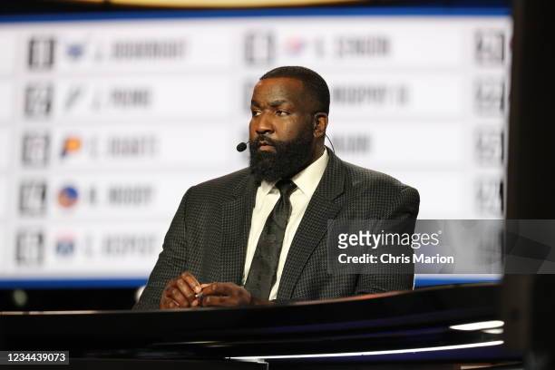 Analyst, Kendrick Perkins reports during the 2021 NBA Draft on July 29, 2021 at the Barclays Center, New York. NOTE TO USER: User expressly...