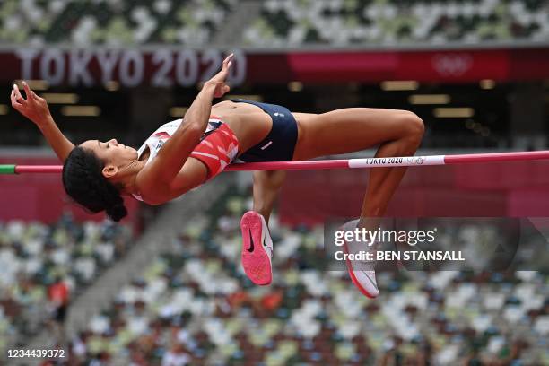 Britain's Katarina Johnson-Thompson competes in the women's heptathlon high jump during the Tokyo 2020 Olympic Games at the Olympic Stadium in Tokyo...