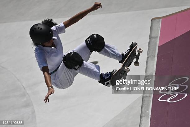 France's Madeleine Larcheron competes in the women's park heats during the Tokyo 2020 Olympic Games at Ariake Sports Park Skateboarding in Tokyo on...