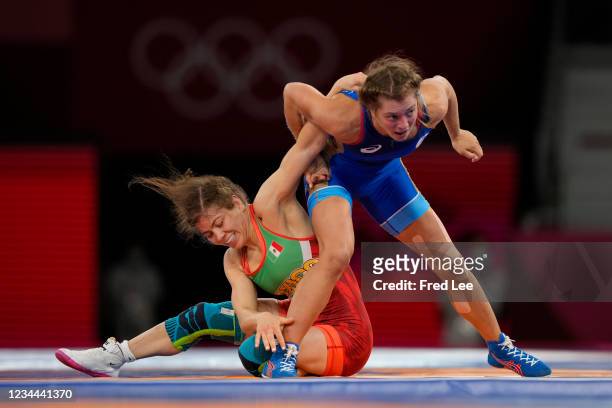 Valencia Escoto Alma Jane of Mexico competes against Valeria Koblova of Team ROC during the Women's Freestyle 57kg Quarter Final on day twelve of the...