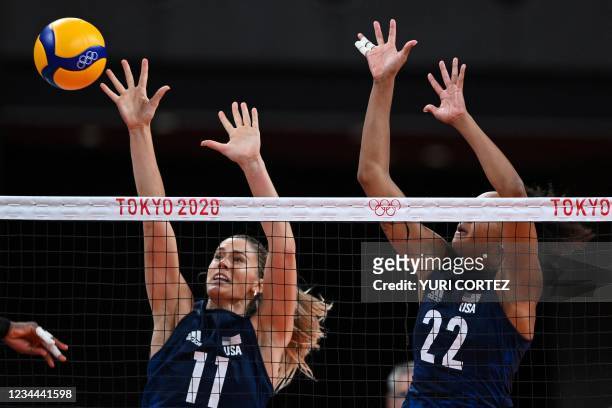S Andrea Drews and Haleigh Washington attempt to block a shot in the women's quarter-final volleyball match between USA and Dominican Republic during...