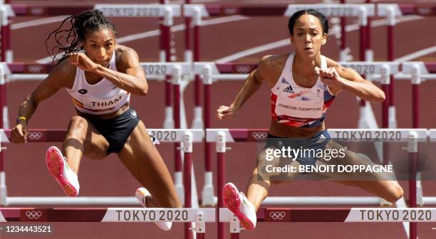 Belgian Nafissatou Nafi Thiam and UK Katarina Johnson-Thompson pictured in action during the 100m hurdles race, first event on the first day of the...