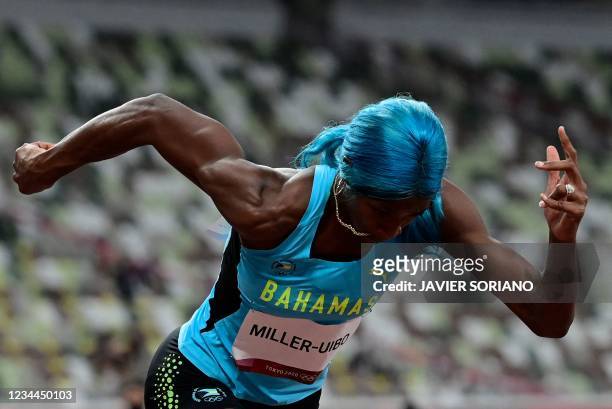 Bahamas's Shaunae Miller-Uibo competes to win the women's 400m semi-finals during the Tokyo 2020 Olympic Games at the Olympic Stadium in Tokyo on...
