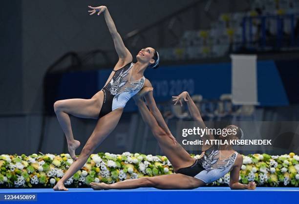 Mexico's Nuria Diosdado Garcia and Mexico's Joana Jimenez Garcia compete in the final of the women's duet free routine artistic swimming event during...