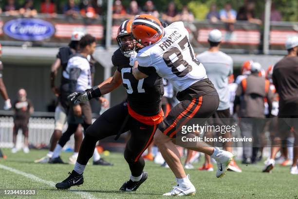 Cleveland Browns defensive end Romeo McKnight and Cleveland Browns tight end Jordan Franks participate in drills at Cleveland Browns Training Camp on...
