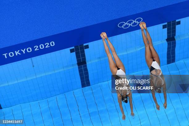 An overview shows Mexico's Nuria Diosdado Garcia and Mexico's Joana Jimenez Garcia as they compete in the final of the women's duet free routine...