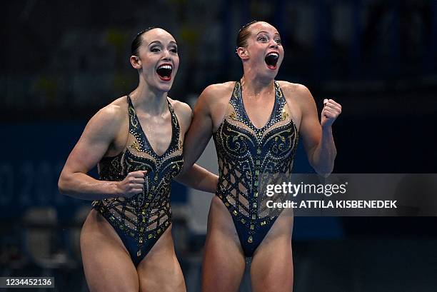 Canada's Claudia Holzner and Canada's Jacqueline Simoneau react after competing in the final of the women's duet free routine artistic swimming event...