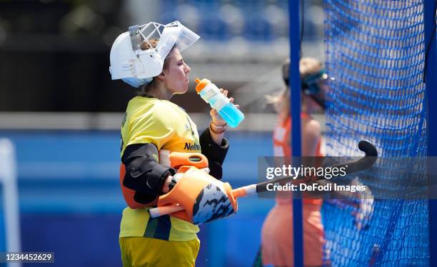 Josine Koning of Netherlands cools off in the Women's Semifinal Hockey match between Netherlands and Great Britain on day twelve of the Tokyo 2020...