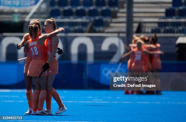 Caia van Maasakker and Pien Sanders of Netherlands celebrates after goal in the Women's Semifinal Hockey match between Netherlands and Great Britain...