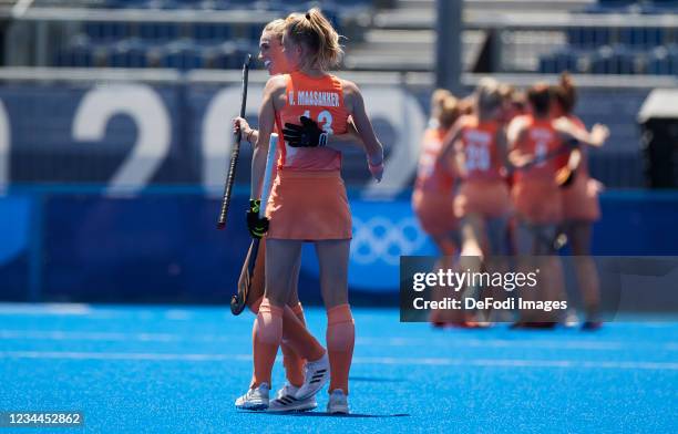 Caia van Maasakker and Pien Sanders of Netherlands celebrates after goal in the Women's Semifinal Hockey match between Netherlands and Great Britain...