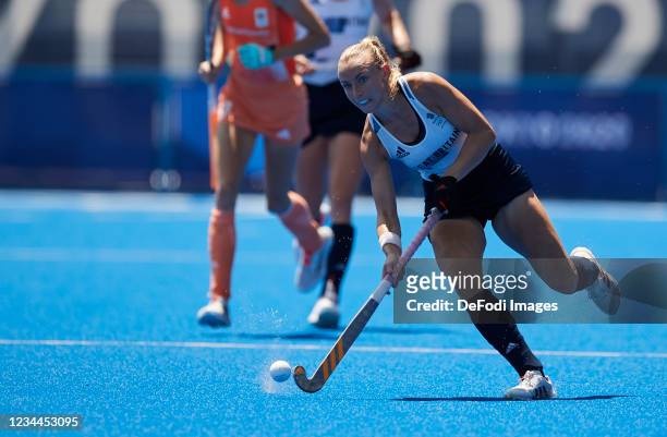Sarah Robertson of Great Britain controls the ball in the Women's Semifinal Hockey match between Netherlands and Great Britain on day twelve of the...