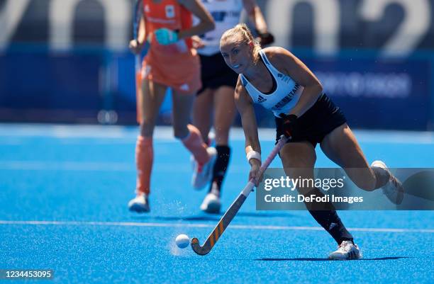 Sarah Robertson of Great Britain controls the ball in the Women's Semifinal Hockey match between Netherlands and Great Britain on day twelve of the...