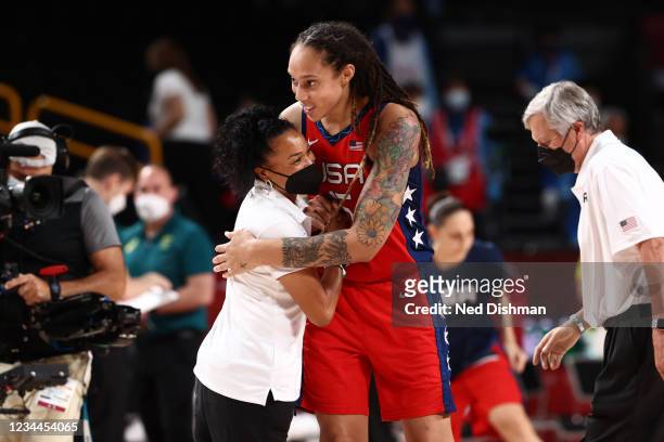 Head Coach Dawn Staley of the the USA Women's National Team hugs Brittney Griner after the game against the Australia Women's National Team during...