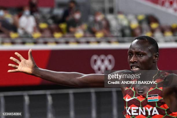 Kenya's Emmanuel Kipkurui Korir reacts after winning the men's 800m final during the Tokyo 2020 Olympic Games at the Olympic Stadium in Tokyo on...