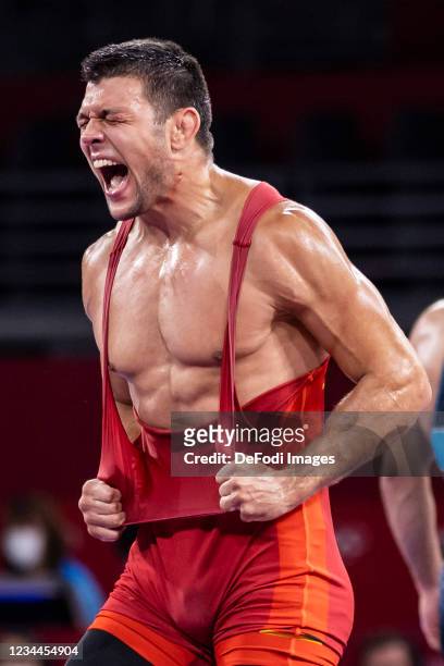 Dennis Kudla of Germany celebrates in the Men's Greco-Roman 67kg Bronze Medal Wrestling Match on day twelve of the Tokyo 2020 Olympic Games at...